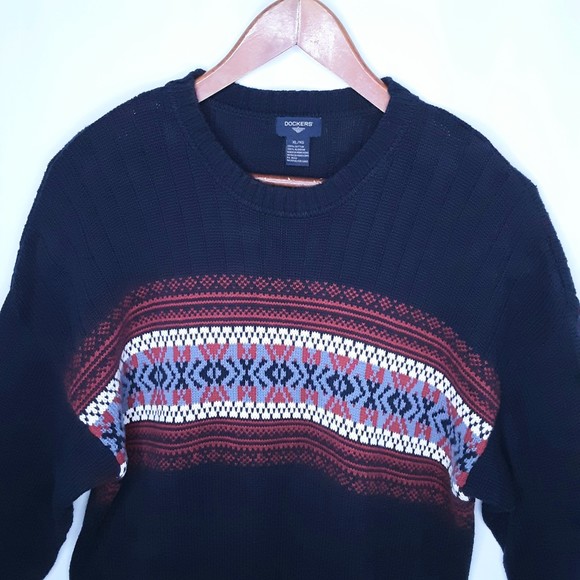 Dockers Mens Vintage Sweater Pullover Fair Isle Navy Blue Red & White Size XL - Picture 2 of 6